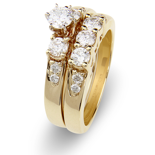 Three Stone 14K Yellow Gold Diamond Wedding Ring Set