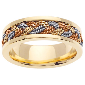 7mm 14K Tri-Color Gold Rope Woven Wedding Band :: JewelryVortex.com